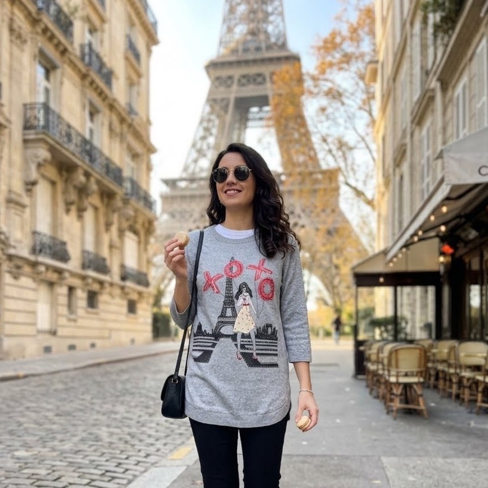 Kiss & Fly Womens Gray Eiffel Tower XOXO Rhinestone 3/4 Sleeve Sweater‎ Medium